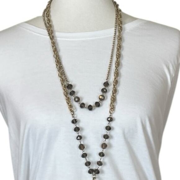 Women’s Necklace Double Strand Tassel Glass Bead Brown Gold 18/20” Length - Picture 3 of 11